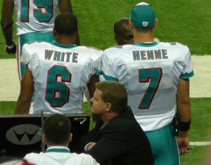 Pat_White_Chad_Henne Dolphins second- and third-string quarterbacks Pat White and Chad Henne on the sideline during Week 1. Photo courtesy Chris J. Nelson