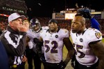 Area 52: Referee Bill Vinovich (uniform number 52) flips the coin for overtime, as Ravens retiring linebacker Ray Lewis (52) looks on. (Baltimore Ravens photo)