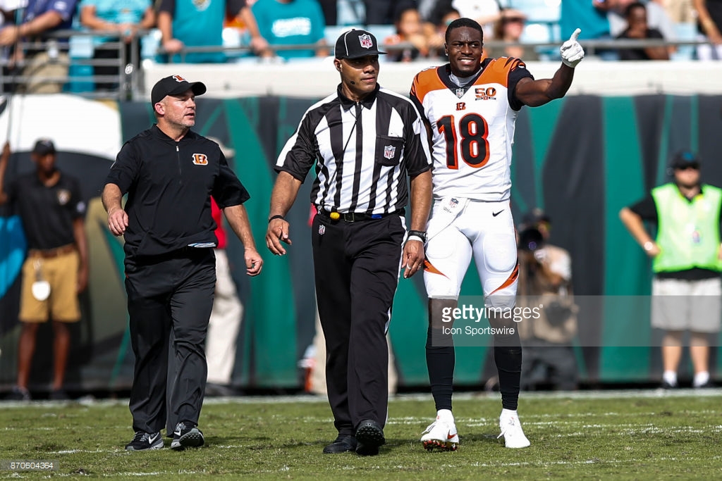 Umpire Fred Bryan informs the Bengals' A.J. Green he is ejected after a Week 9 altercation.