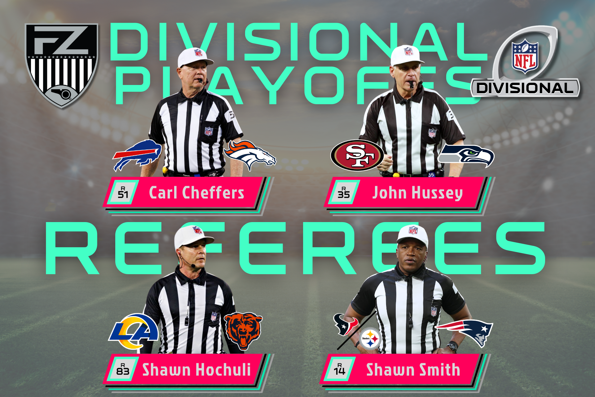 Cheffers, Hussey, Hochuli, and Smith are Divisional Playoff referees